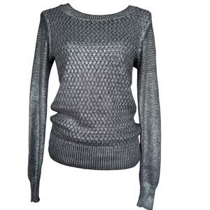 Bebe Silver Metallic Black Basket Knit Sweater M